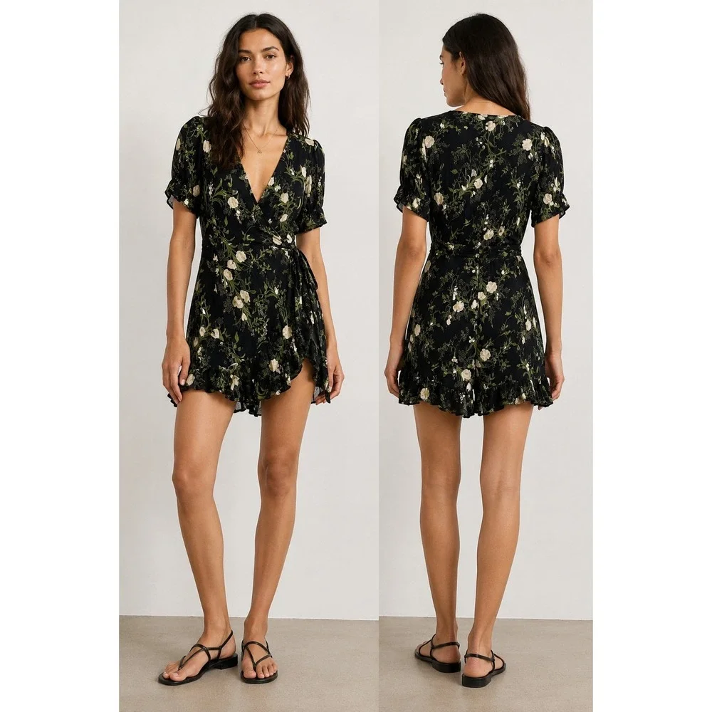 Reformation Lucky Wrap Romper XL Black Floral Viscose Ruffle Hem Womens